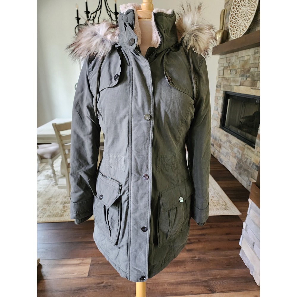 DKNY Womens Olive Green Faux Fur Trim Hooded Utility Parka Jacket Coat Small
